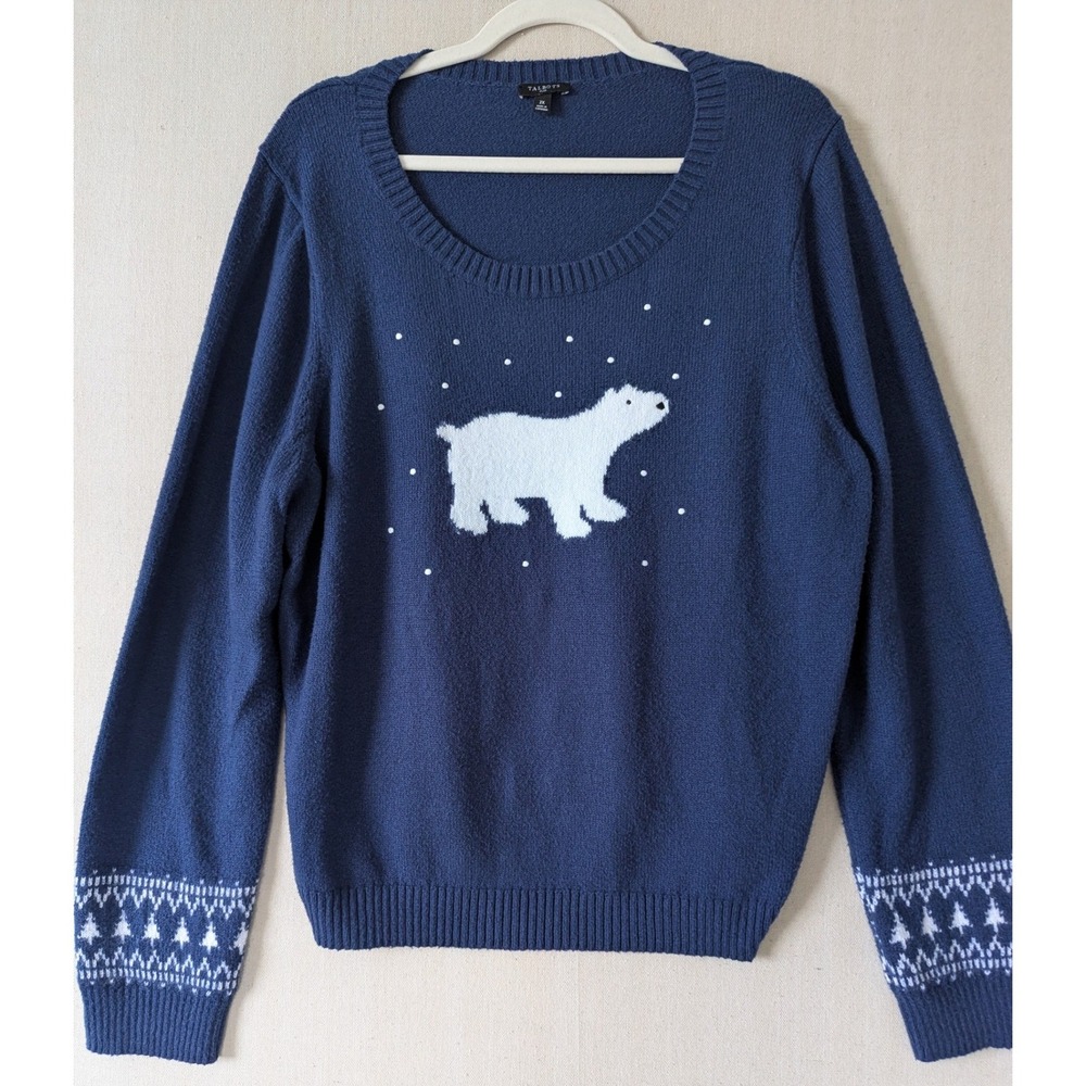 Talbots Polar Bear Sweater Womens 2X Blue Winter Fair Isle Tree Knit Pullover